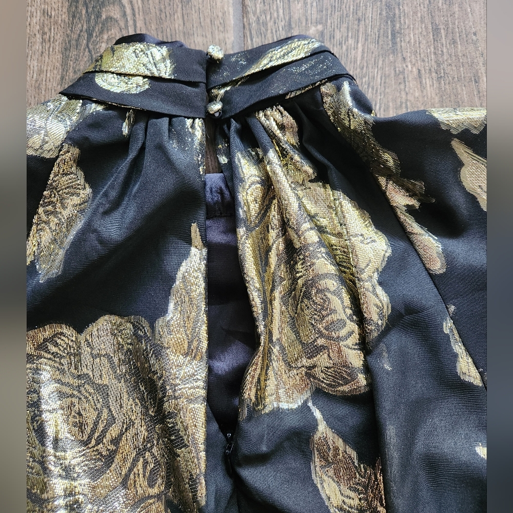NWT Alex Marie Black Gold Rose Floral Print Black Ruffle Midi Puff Sleeve Dress - Picture 12 of 14